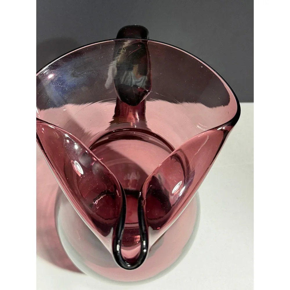 Amethyst Purple Hand Blown Glass‎ Pitcher Tri-Corner Ruffled Rim Vintage Plum